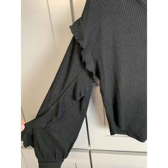 Pilcro Womens Sweater Medium Black Ruffle Arms Waffle Knit Bohemian V Neck Boho - Picture 3 of 7